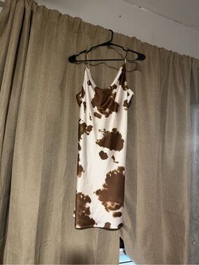 Renee C. Satin Cow-Print Mini Dress in Cream and Brown